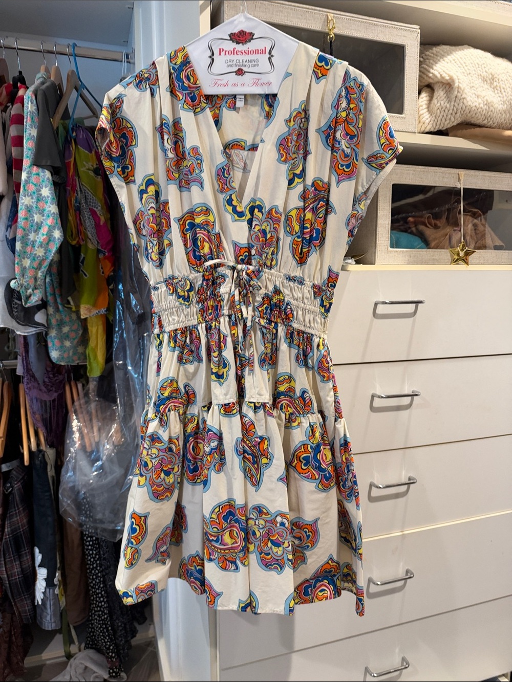 10 Crosby Derek Lam Cream Multicolor Drawstring Waist Mini Dress